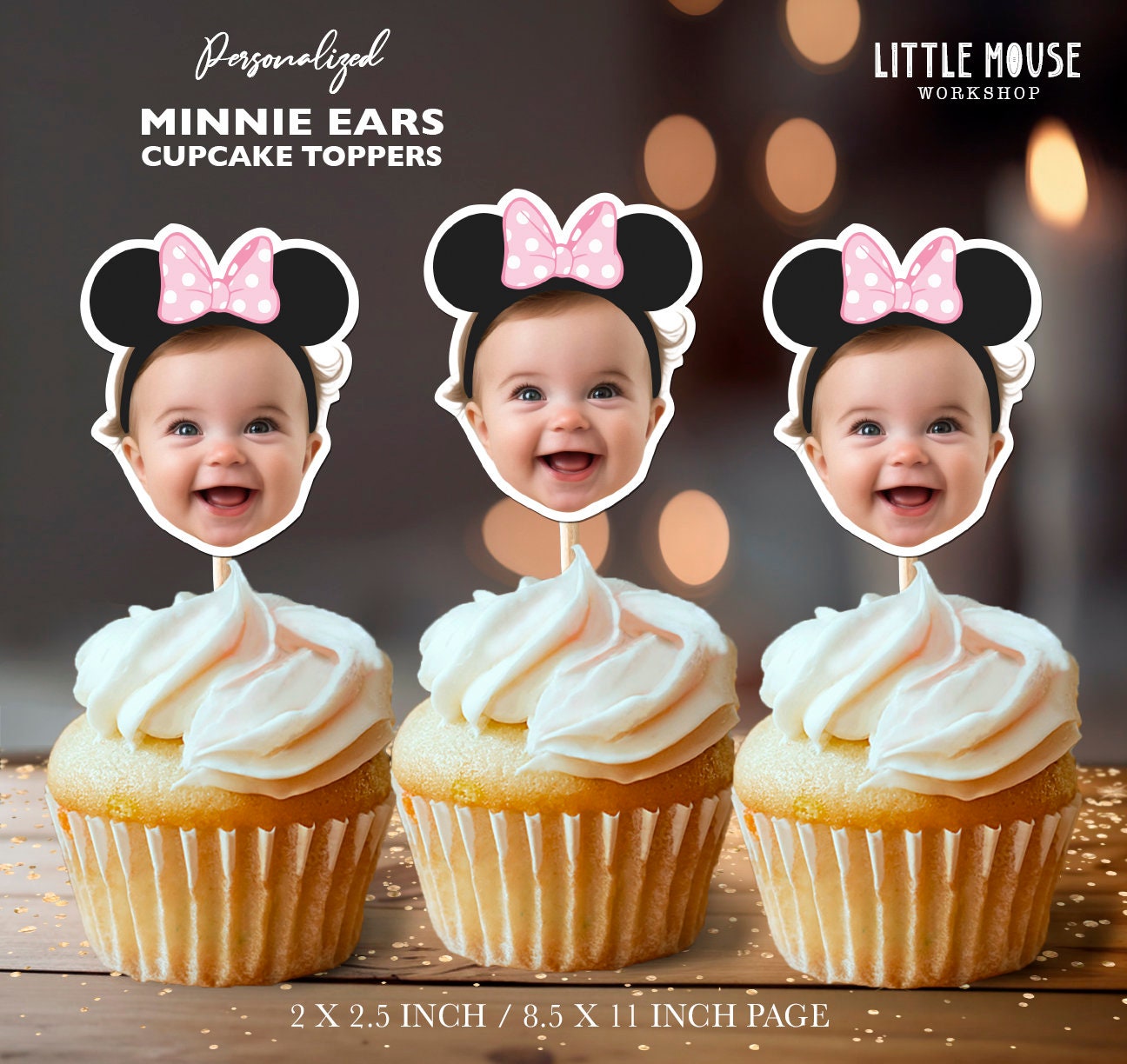 Minnie Mouse Ears Personalized Face Cupcake Toppers