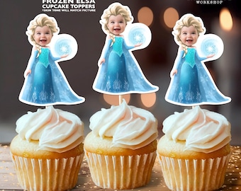 Adornos personalizados para cupcakes con cara de Elsa de Frozen para fiesta de cumpleaños / Decoración personalizada de Frozen
