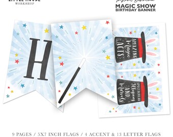 May include: A printable birthday banner for a magic show themed party. The banner features a blue background with white stars and a magic wand. The banner includes the words "Amazing Magic Acts" and "Spectacular Illusions and Marvels".