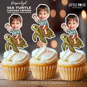 Adornos personalizados para cupcakes de cumpleaños con diseño de tortuga marina / Decoración facial personalizada para fiestas