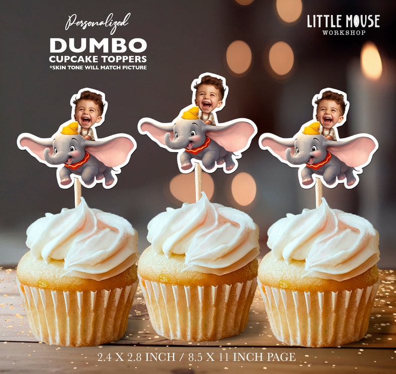 Dumbo Circus Personalized Face Cupcake Toppers image 1