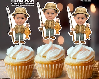 Fischer personalisierte Geburtstagsparty Gesicht Cupcake Toppers | Benutzerdefinierte Reel Fun Dekor | Dekoration
