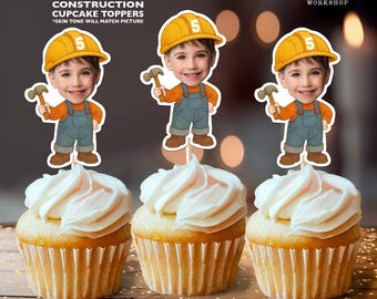 Construction Personalized Birthday Party Face Cupcake Toppers