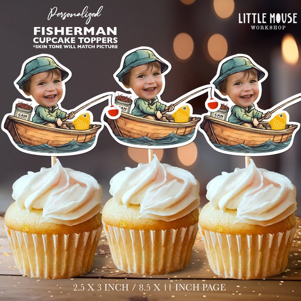 Fishing Fisherman Personalized Face Cupcake Toppers