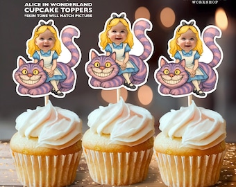 Alice in Wonderland Personalized Birthday Cupcake Toppers | Custom Face Party Decor