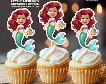 Gepersonaliseerde verjaardagscupcaketoppers kleine zeemeermin en bot | Aangepast gezicht feestdecoratie