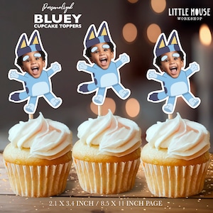 Bluey gepersonaliseerde cupcake-toppers voor gezicht