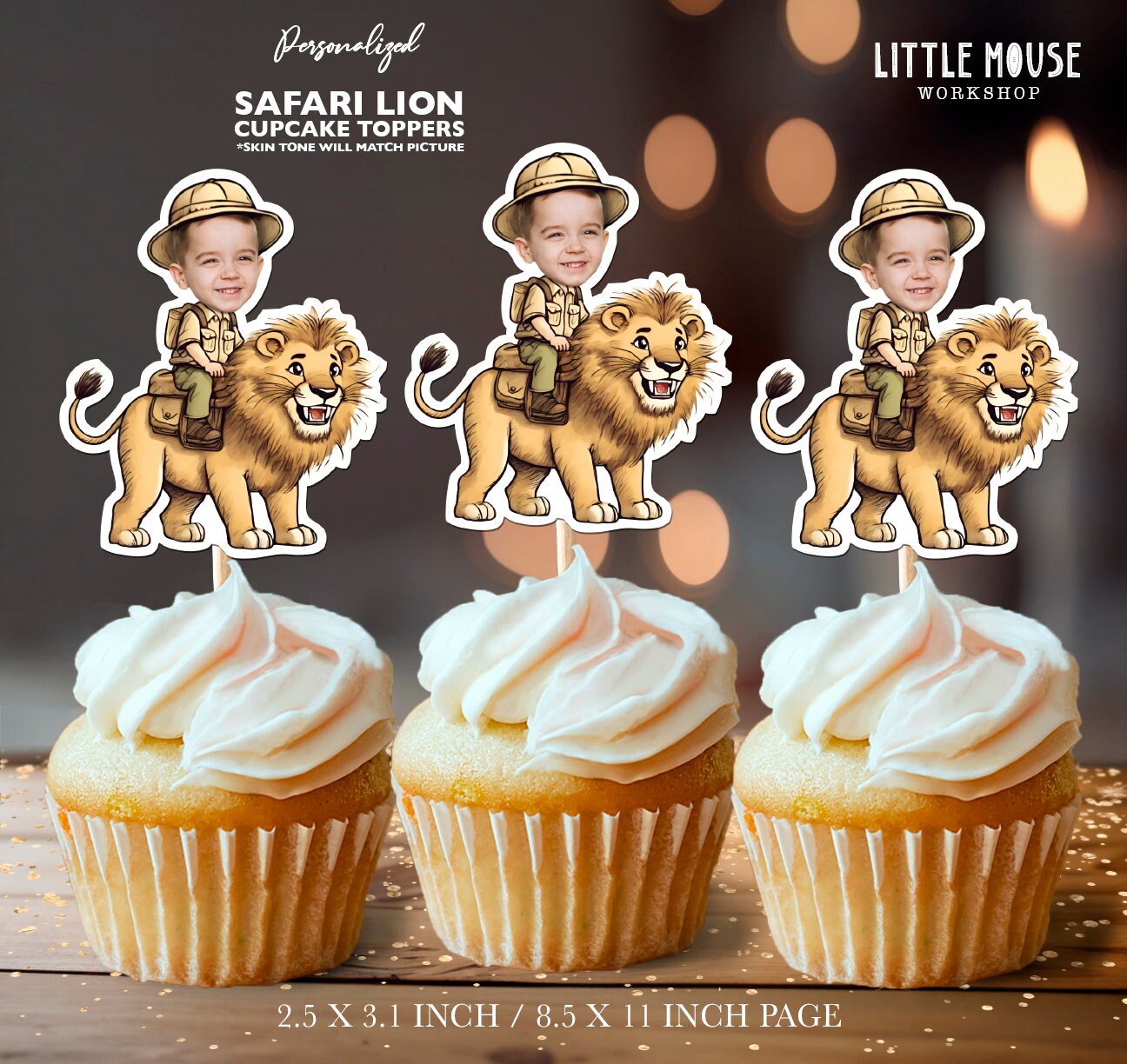 Safari Lion Personalized Face Cupcake Toppers