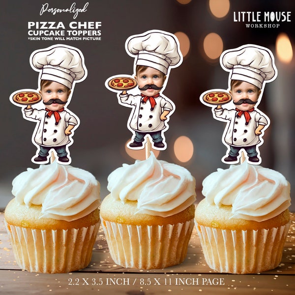Pizza Chef Pizza Party Personalized Face Cupcake Toppers