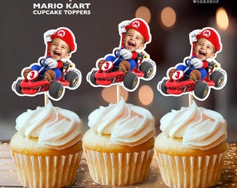 Décorations de cupcakes d'anniversaire personnalisées Mario Kart | Décoration de fête visage personnalisée