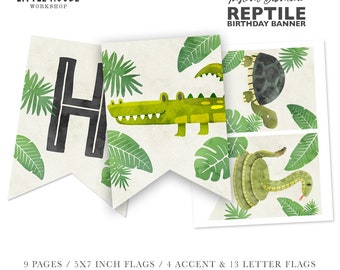 May include: A printable reptile birthday banner with green, brown, and black illustrations of a crocodile, snake, and turtle. The banner includes 13 letter flags and 4 accent flags. The banner is 5x7 inches and comes in 9 pages.