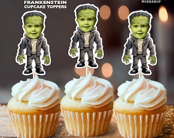 May include: Three green Frankenstein cupcake toppers with black clothing and green skin. The toppers are on top of cupcakes with white frosting. The text "Personalized FRANKENSTEIN CUPCAKE TOPPERS" is at the top of the image. The text "LITTLE MOUSE WORKSHOP" is at the top right of the image. The text "2 X 3.5 INCH / 8.5 X 11 INCH PAGE" is at the bottom of the image.