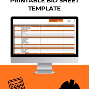 May include: A computer monitor displaying a construction printable bid sheet template built in Excel. The screen shows columns for project totals, notes, and subcontractors. Below the monitor are a black calculator icon and a black hard hat icon.