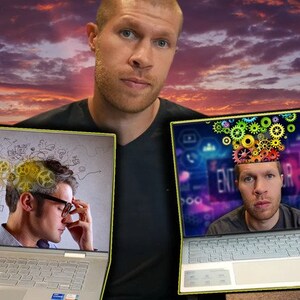 May include: Two open laptops with screens displaying images of men with gears and cogs in their heads. The image on the left is in black and white, while the image on the right is in colour. The laptops are on a table in front of a man with a serious expression.