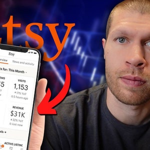 May include: A screenshot of an Etsy seller's mobile app showing traffic stats for the month. The stats show 2,045 total views, 1,153 visits, 1,371 orders, and $31,000 in revenue.