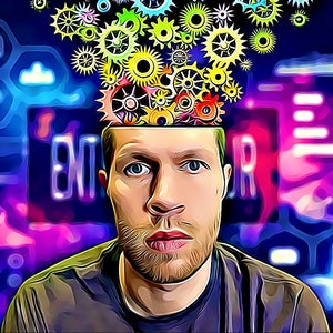 May include: A man with a beard and short green hair is looking directly at the camera.  Colorful gears are spinning inside his head, representing the complexity of the human mind.