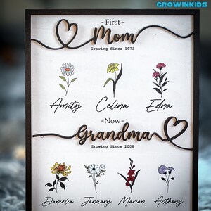 May include: A framed wooden sign with a heart and the words "First Mom Growing Since 1973" and "Now Grandma Growing Since 2008". The sign also features a series of flowers with names underneath each flower.