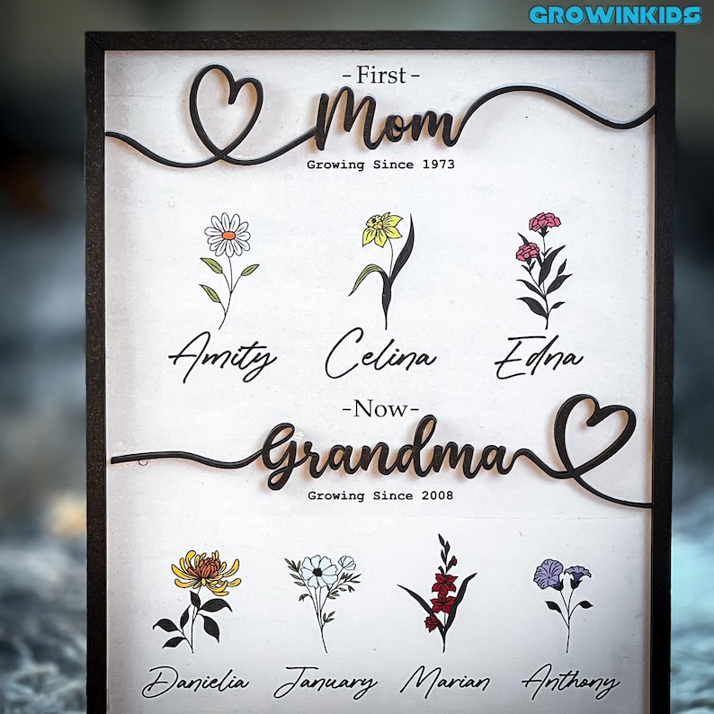 May include: A framed wooden sign with a heart and the words "First Mom Growing Since 1973" and "Now Grandma Growing Since 2008". The sign also features a series of flowers with names underneath each flower.