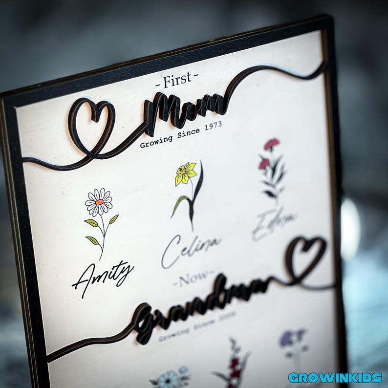 May include: A black wooden frame with a white background. The frame has a black, cursive inscription that reads "First - Mom - Growing Since 1973". Below the inscription are four small flower illustrations with names written underneath each flower. The names are Amity, Celina, Eden, and a fourth name that is partially obscured. The inscription at the bottom reads "Now - Grandma - Growing Since...".