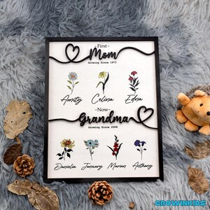 May include: A black framed wooden sign with a white background. The sign features a heart with the words "First-Mom Growing Since 1973" and a second heart with the words "Now-Grandma Growing Since 2008".  There are six flowers with names below each flower: Amity, Celina, Edna, Danielia, January, Marian, and Anthony.