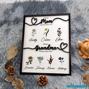 May include: A black framed wooden sign with the text "First-Mom Growing Since 1973" and "Grandma Growing Since 2008". The sign features a heart design and floral illustrations with names written below each flower.
