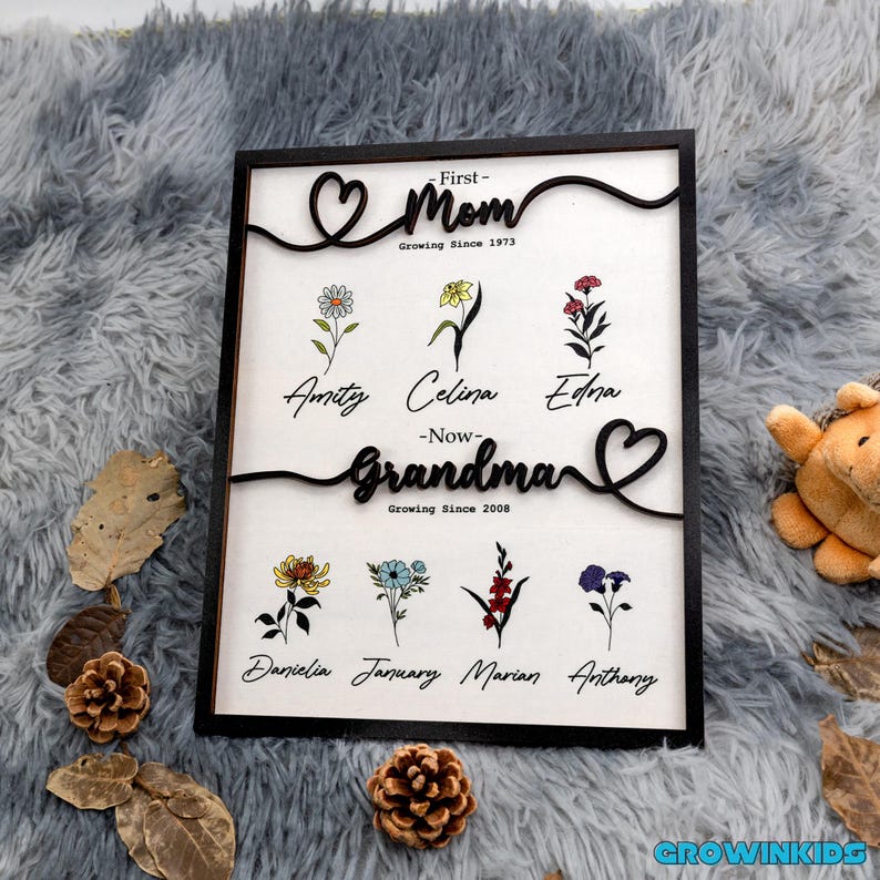 May include: A black framed wooden sign with the text "First-Mom Growing Since 1973" and "Grandma Growing Since 2008". The sign features a heart design and floral illustrations with names written below each flower.