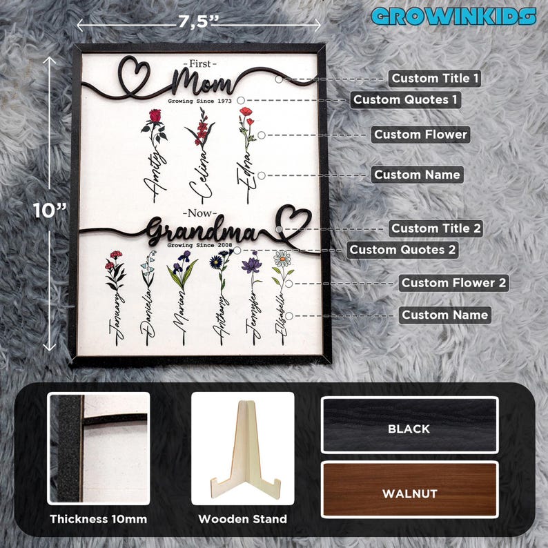 May include: A personalized wooden framed print with a heart design and the words "First - Mom Growing Since 1973" and "Now - Grandma Growing Since 2008". The print features a list of names and flowers. The frame is 7.5 inches wide and 10 inches tall. The frame is available in black or walnut.