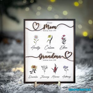 May include: A wooden sign with a heart design and the text "First - Mom Growing Since 1973" and "Now - Grandma Growing Since 2008". The sign also features six flowers with names below each flower.