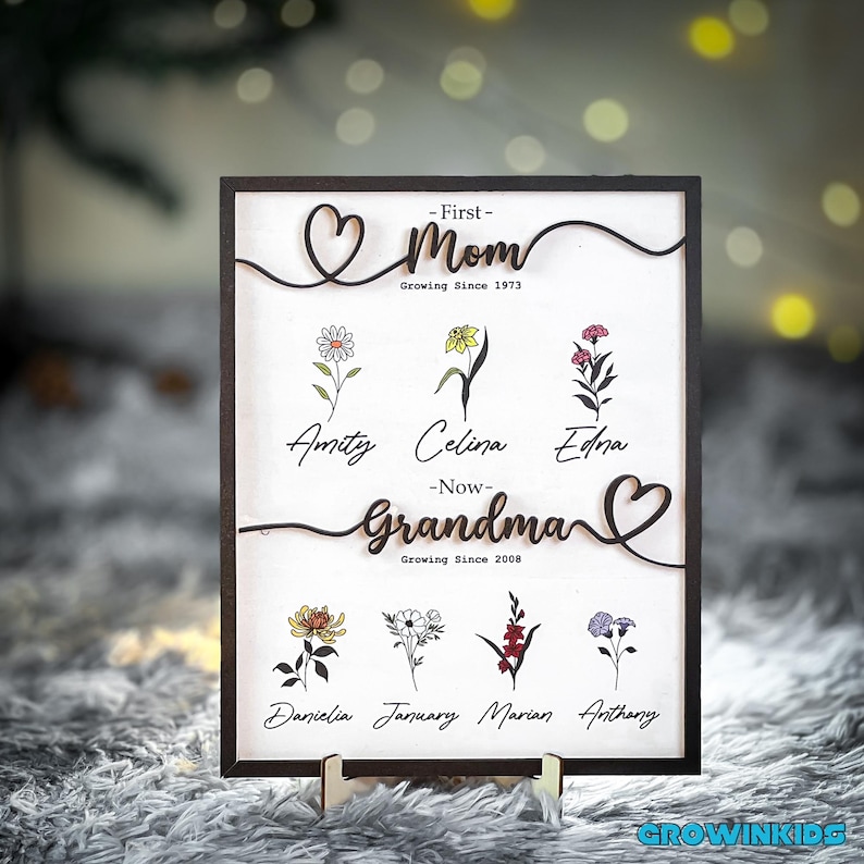 May include: A wooden sign with a heart design and the text "First - Mom Growing Since 1973" and "Now - Grandma Growing Since 2008". The sign also features six flowers with names below each flower.