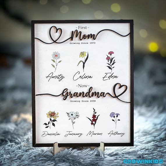Nana Gift Personalized Flower Birth Month Garden Wooden Sign Frame, Mother Day Gift, First Mom Now Grandma Gift, Mom Gift, Mom Birthday Gift