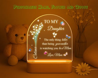 Personalized Daughter Night Light: Custom Name Flower, Engraved Acrylic LED