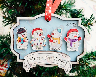 Personalized Snowman Family Christmas Ornament: Custom Wood Xmas Gift