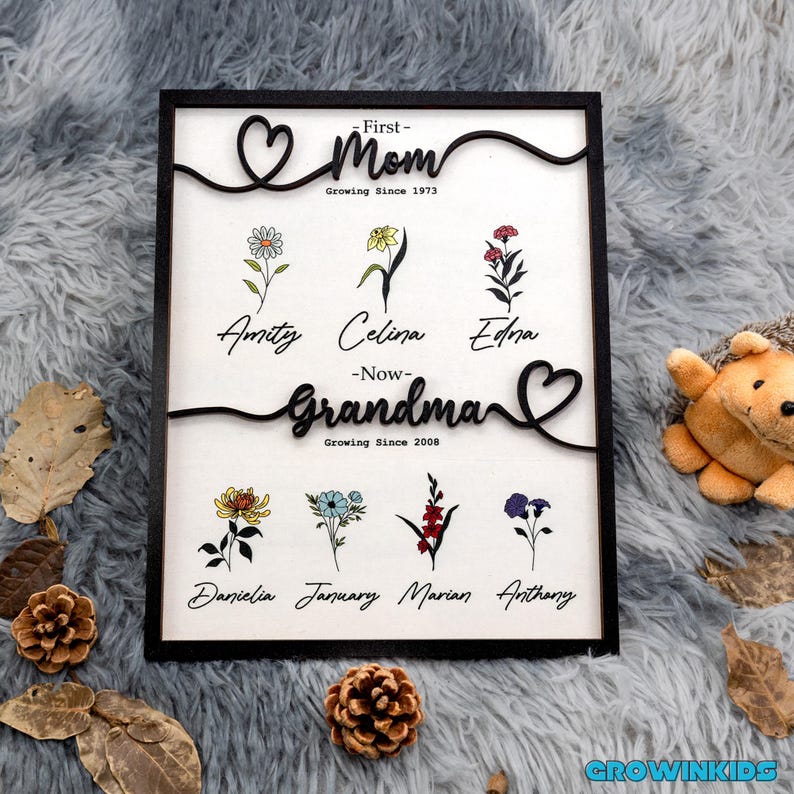 May include: Black wooden sign with a heart design and the text "First-Mom Growing Since 1973" and "Grandma Growing Since 2008". The sign features a floral design with names below each flower.
