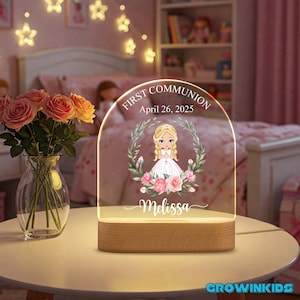 Personalized First Communion Night Light Gift for Girl, Baptism Gift, Custom Christening LED Night Lamp, Religious Night Light Gift for Baby
