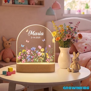 Personalized Floral Night Light for Baby Girls – Custom LED Lamp for Kids, Acrylic Flowers with Name and Date, Perfect Baby Shower Gift