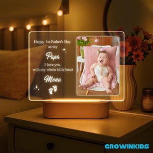 Personalized First Father&#39;s Day Photo Night Light – Custom Gift to Husband – Acrylic LED Lamp Engraved with Name and Photo