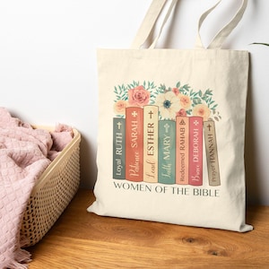 Cotton Canvas Tote Bag, Women Of the Bible Retro Bag, Bible Study Book Bag, Religious Shoulder Tote, Gift for Christian Women, Biblical Tote