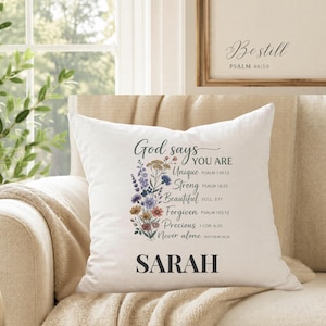 Personalized Scripture Throw Pillow Case | Faux Suede Botanical Cushion Cover | Custom Name Christian Gift | Elegant Daily Faith Reminders