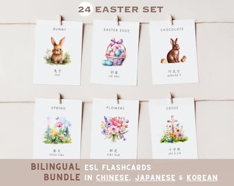 24 Easter Bilingual Flashcards / English to Japanese, Chinese, Korean BUNDLE / Montessori / Pre-school Cards / Educational Printable Cards