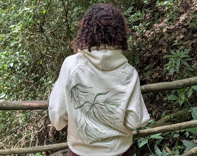 Minimalist Botanical Back Print Hoodie, Nature Graphic Streetwear Pullover