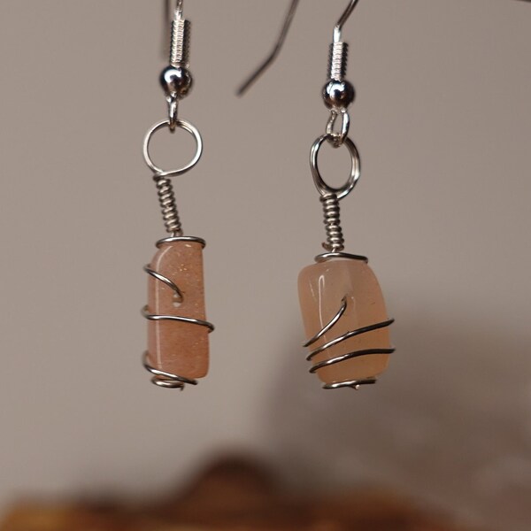 Stainless Steel Wire Wrapped Gem Stone Earrings - Rose Colored gem dangle earring