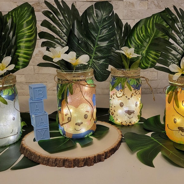 Set of 4 Safari Baby Shower Centerpiece, Lighted Table Decor, It's a Boy, Its a girl, Baby shower Decor, Mason Jar, Safari, Kids Party Decor