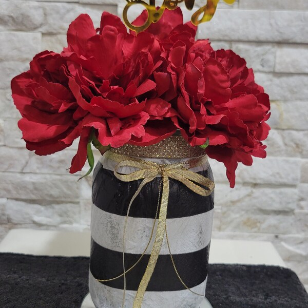 Bridal Shower Lighted Floral Centerpiece, Lighted Floral Table Decoration, Red and Black Decor, Mason Jars, Wedding centerpiece, Party Decor