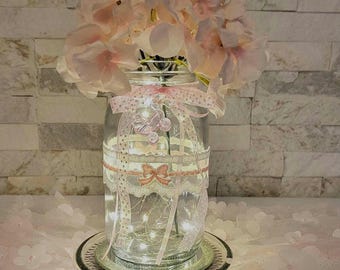 Pink Hydrangea Baby Shower Centerpiece: Lighted Mason Jar Decor