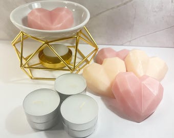 4 Heart Shaped Wax Melts and Gold Wax Warmer Gift Box, Wax Melt Starter Kit, Home Fragrance Essentials