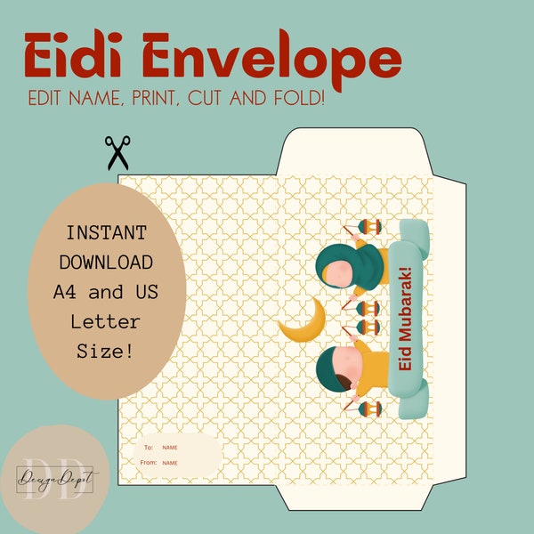 Printable Eid Mubarak Envelope for Kids - Digital Download - Fully Customizable