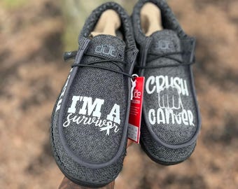 Custom Cancer Survivor Shoes, gift idea, hey dude, battle, faith, clothing, Awareness