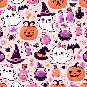 May include: A pink and white seamless pattern with a Halloween theme. The pattern includes ghosts, pumpkins, bats, spiders, witches' hats, and potion bottles.