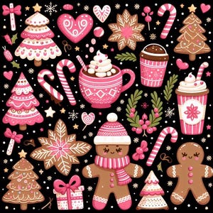 Op de afbeelding: Een feestelijk patroon met peperkoekjes, snoepstokken, warme chocolademelk en kerstboom. Het ontwerp is in roze, wit en bruin op een zwarte achtergrond.