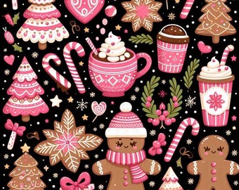 Cute Christmas PNG sublimation digital download candy canes trees pink black wallpaper hot cocoa hearts girly holiday tumbler gingerbread